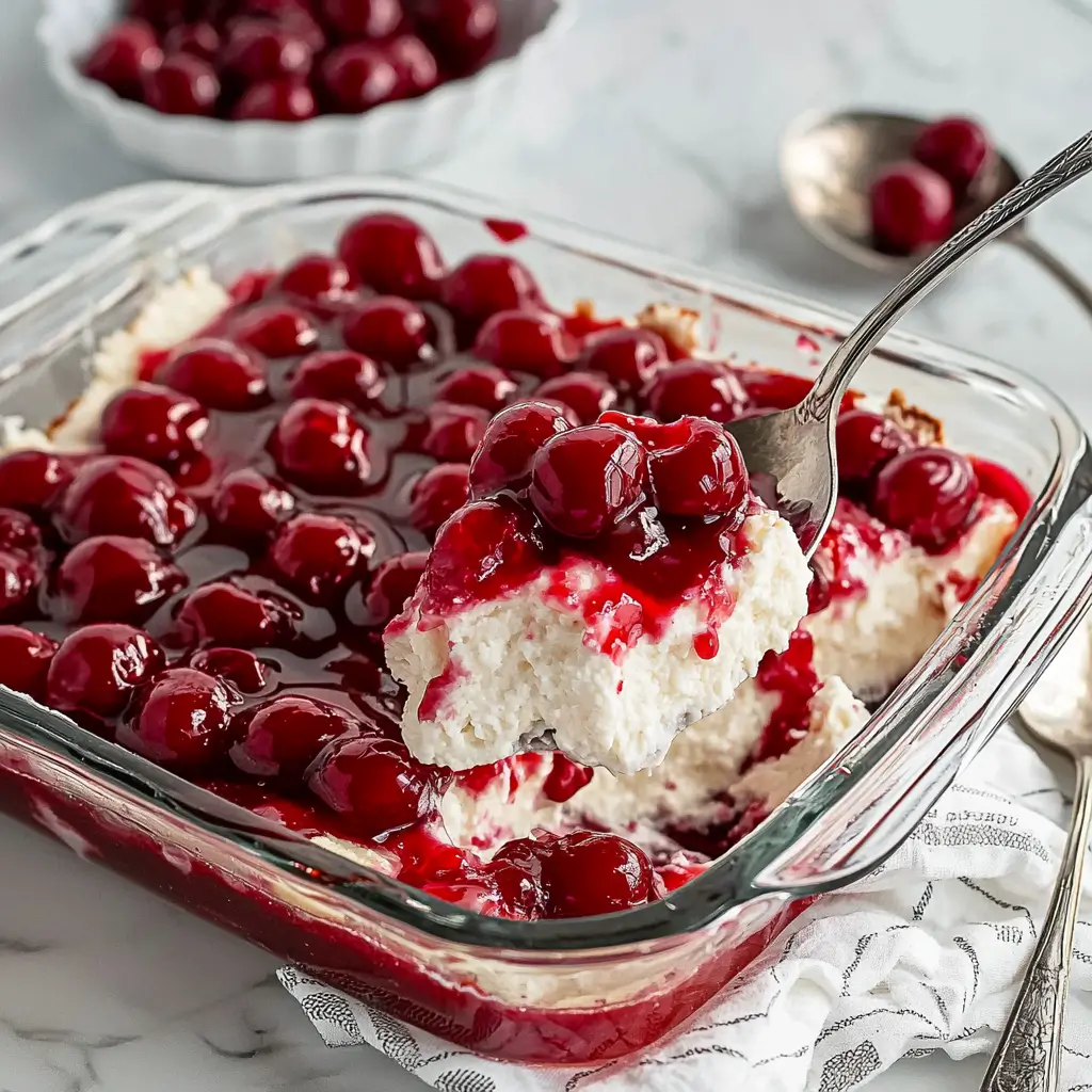 Cherries in the Snow no-bake dessert featuring layers of cake and cherry filling