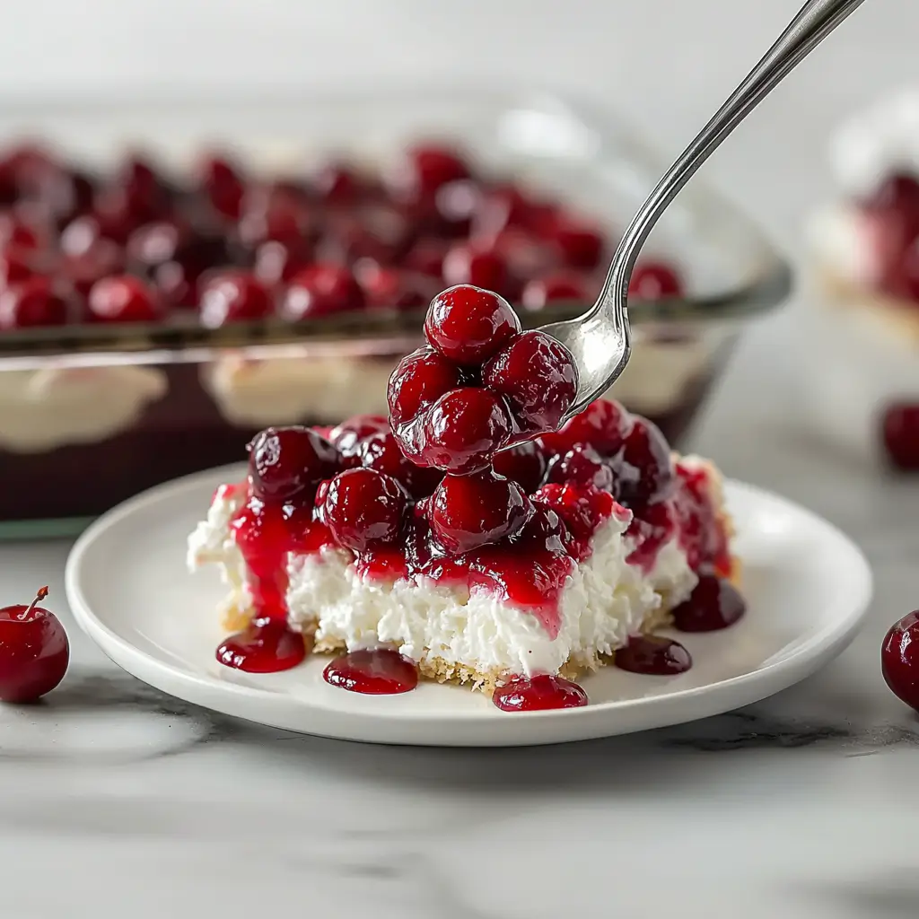 Cherries in the Snow no-bake dessert featuring layers of cake and cherry filling