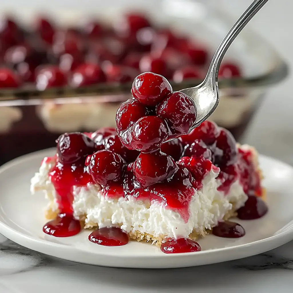 Cherries in the Snow no-bake dessert featuring layers of cake and cherry filling