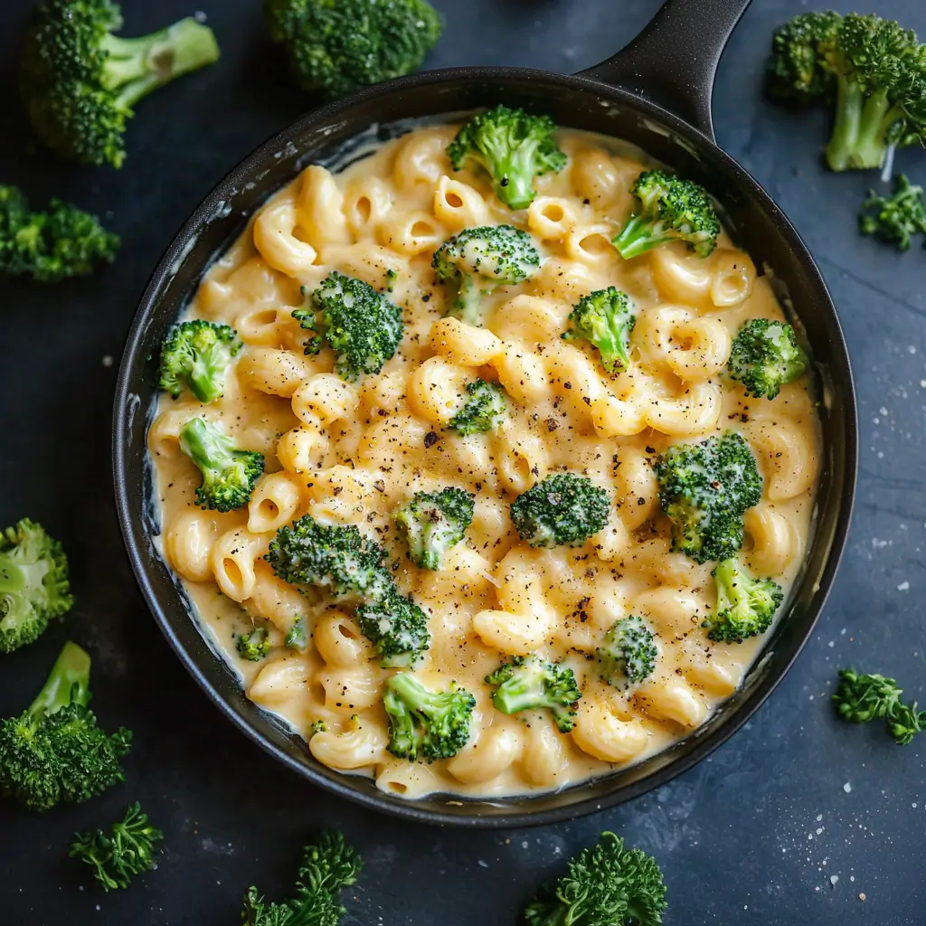 Creamy Broccoli Mac and Cheese in a bowl with fresh broccoli and pasta.