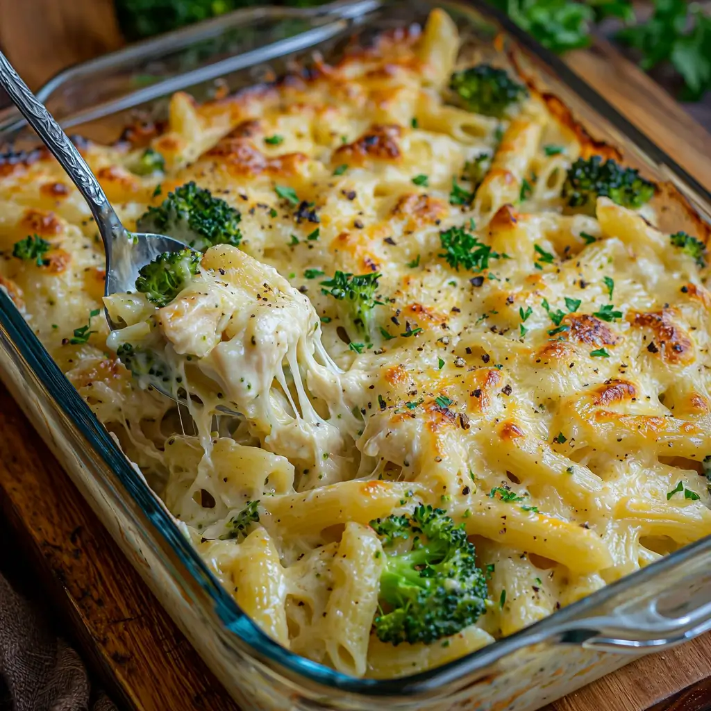 Creamy Chicken Broccoli Baked Alfredo casserole topped with cheese and breadcrumbs.