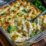 Creamy Chicken Broccoli Baked Alfredo casserole topped with cheese and breadcrumbs.