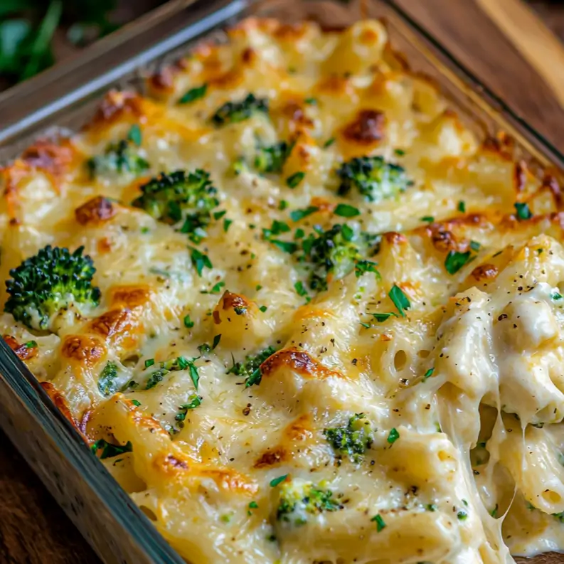 Creamy Chicken Broccoli Baked Alfredo casserole topped with cheese and breadcrumbs.