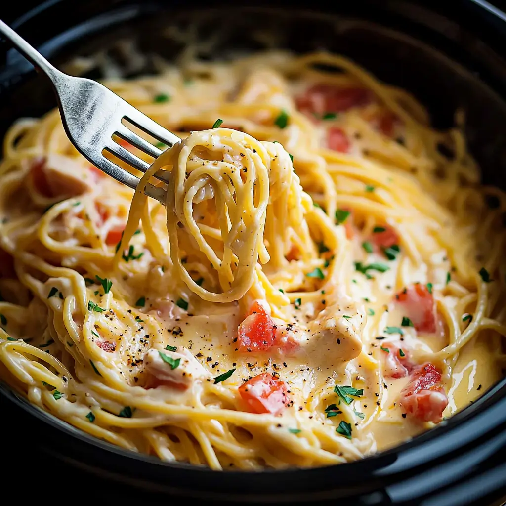 Creamy crockpot chicken spaghetti garnished with herbs in a slow cooker