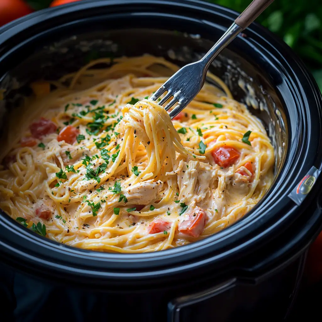 Creamy crockpot chicken spaghetti garnished with herbs in a slow cooker