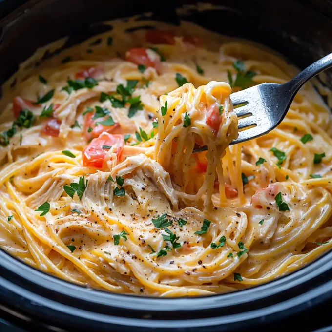Creamy crockpot chicken spaghetti garnished with herbs in a slow cooker