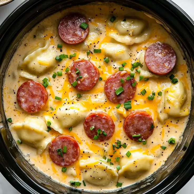 Crockpot Pierogi Casserole with Kielbasa served in a bowl, showcasing creamy layers and flavors.