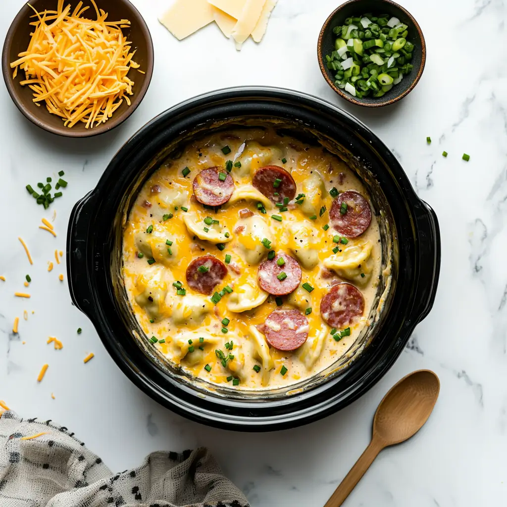 Crockpot Pierogi Casserole with Kielbasa served in a bowl, showcasing creamy layers and flavors.