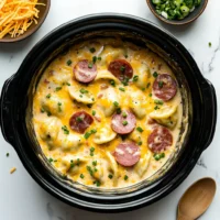 Crockpot Pierogi Casserole with Kielbasa served in a bowl, showcasing creamy layers and flavors.