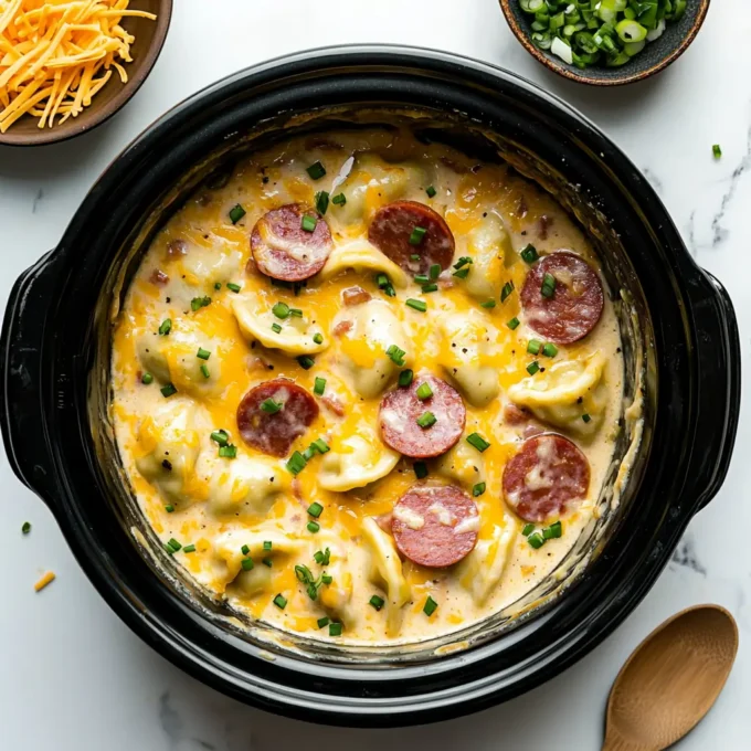 Crockpot Pierogi Casserole with Kielbasa served in a bowl, showcasing creamy layers and flavors.