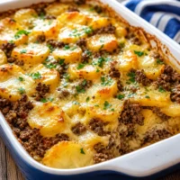 Cheesy Hamburger Potato Casserole with layers of ground beef, cheese, and potatoes.