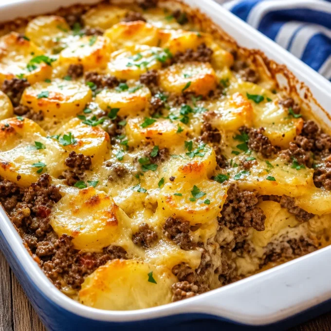 Cheesy Hamburger Potato Casserole with layers of ground beef, cheese, and potatoes.