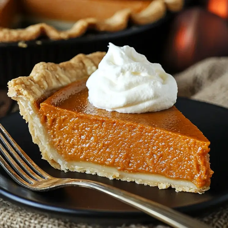 Rich and creamy Eagle Brand Pumpkin Pie topped with whipped cream for Thanksgiving.
