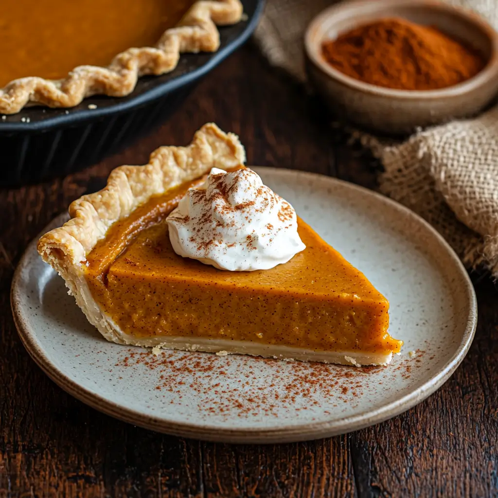 Rich and creamy Eagle Brand Pumpkin Pie topped with whipped cream for Thanksgiving.