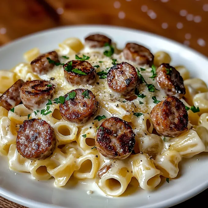 Delicious Garlic Butter Sausage Bites served over Creamy Parmesan Pasta.