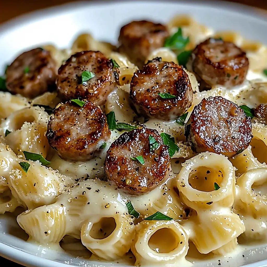 Delicious Garlic Butter Sausage Bites served over Creamy Parmesan Pasta.