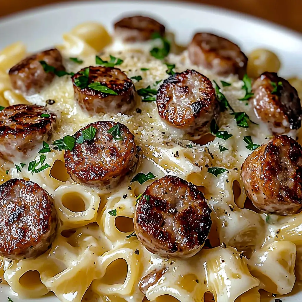 Delicious Garlic Butter Sausage Bites served over Creamy Parmesan Pasta.