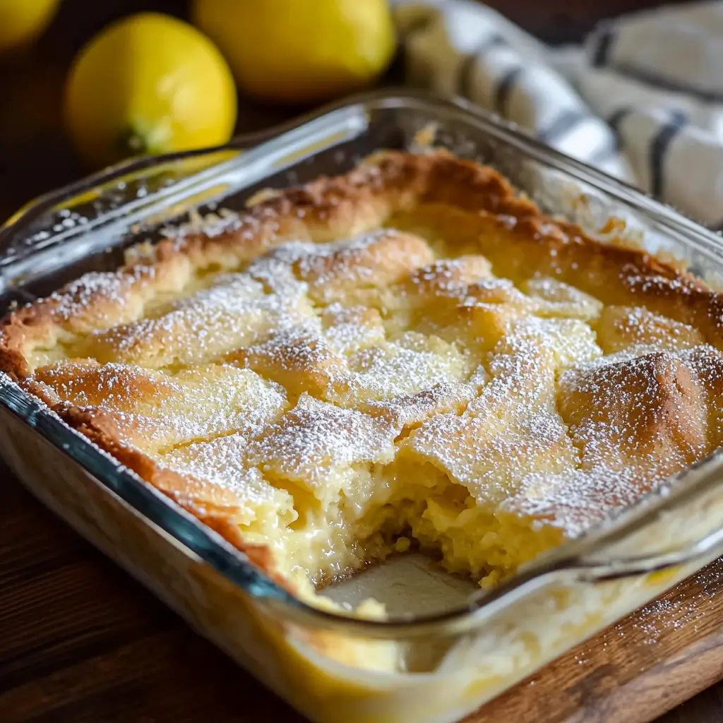 Delicious Lemon Cream Cheese Dump Cake with a golden topping and creamy filling