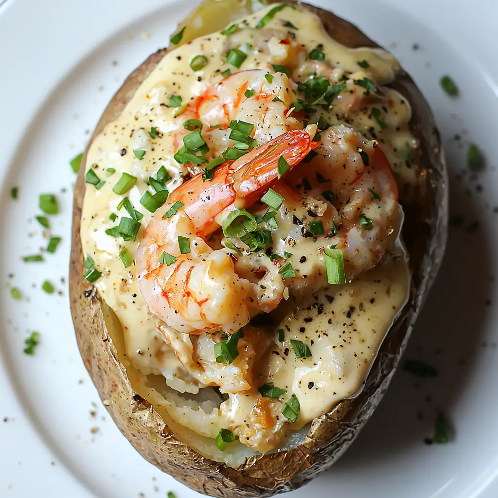 Delicious Loaded Seafood Baked Potato with shrimp and crab filling topped with cheese.