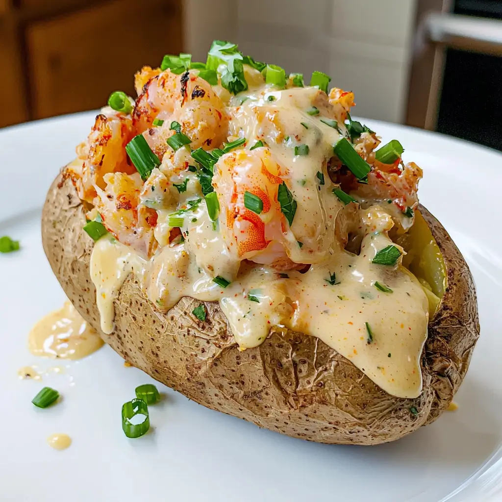 Delicious Loaded Seafood Baked Potato with shrimp and crab filling topped with cheese.