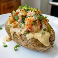 Delicious Loaded Seafood Baked Potato with shrimp and crab filling topped with cheese.