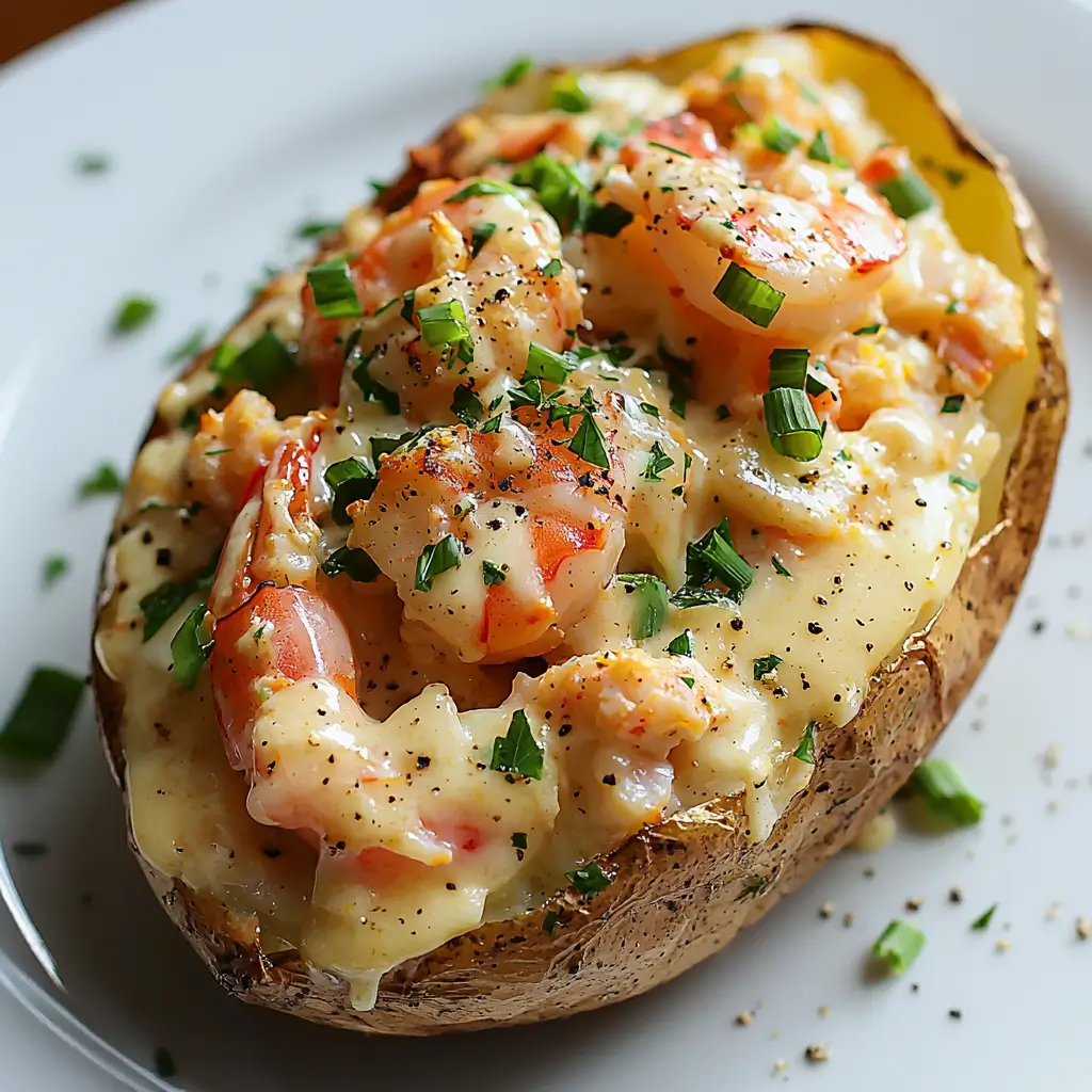 Delicious Loaded Seafood Baked Potato with shrimp and crab filling topped with cheese.