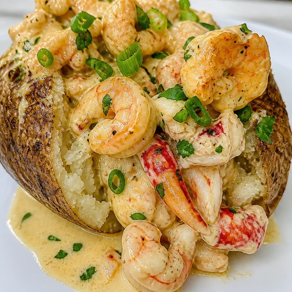 Delicious Loaded Seafood Baked Potato with shrimp and crab filling topped with cheese.