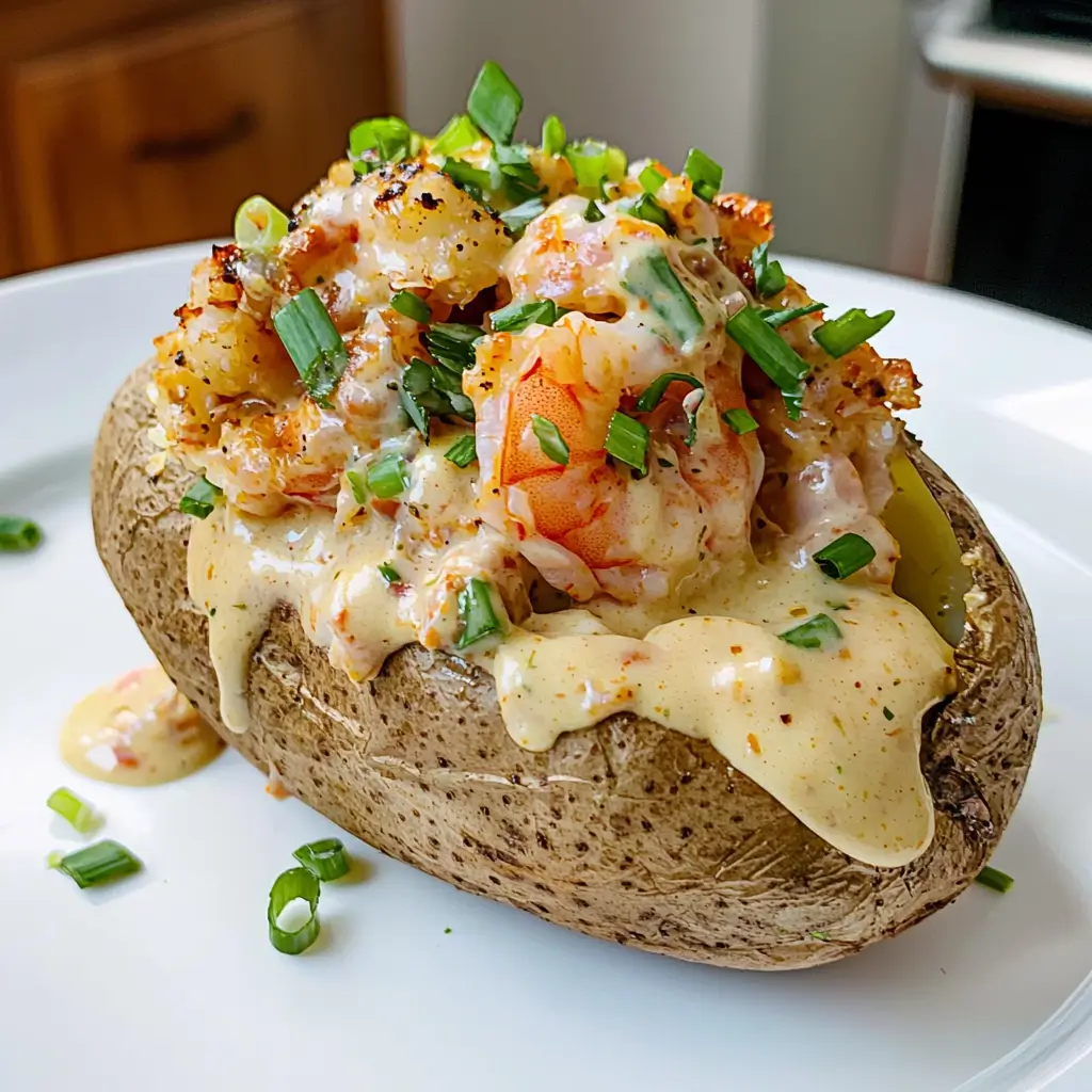 Delicious Loaded Seafood Baked Potato with shrimp and crab filling topped with cheese.