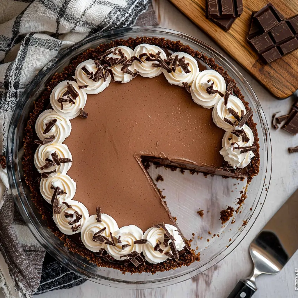 Marie Callenders Chocolate Satin Pie with creamy filling and buttery crust topped with whipped cream.