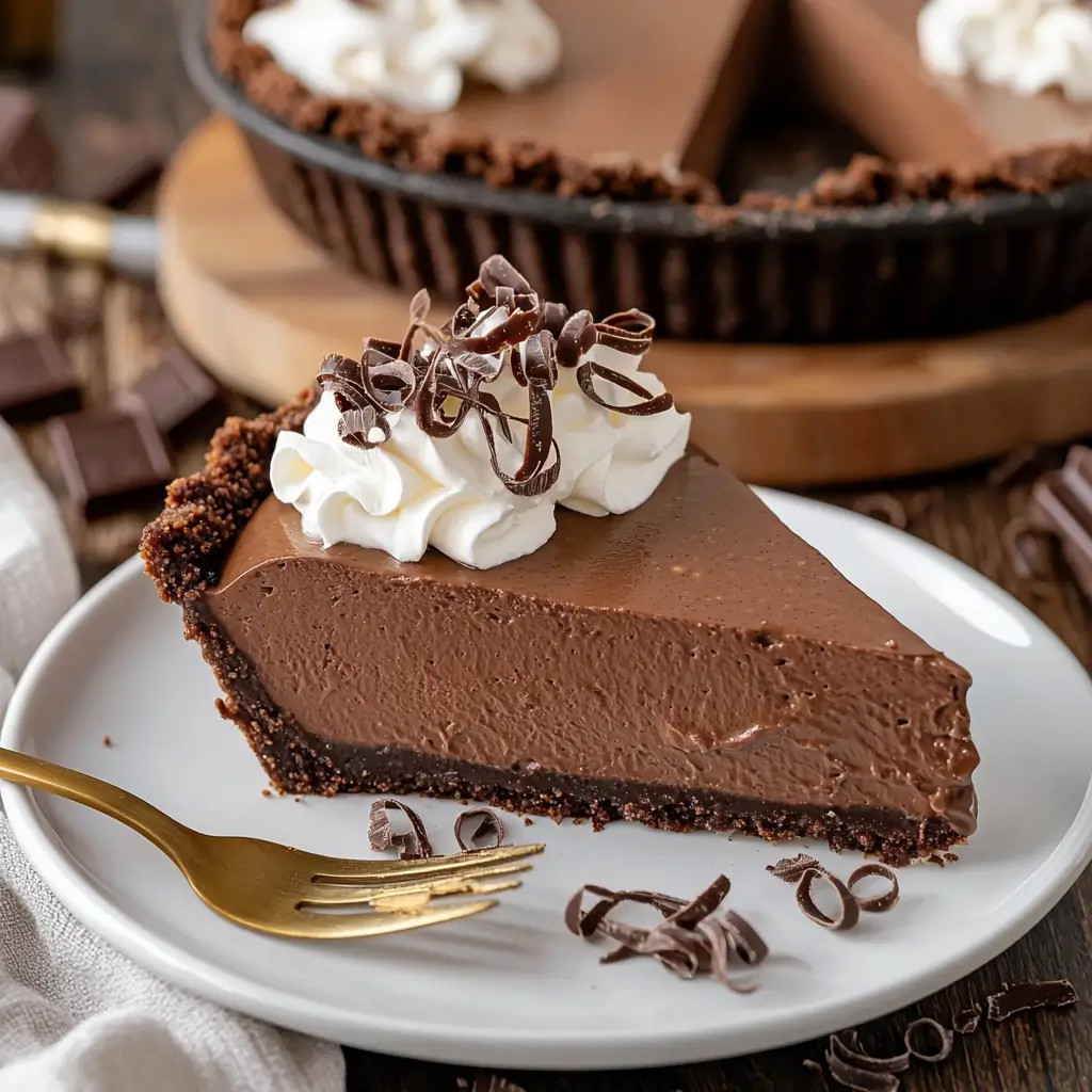 Marie Callenders Chocolate Satin Pie with creamy filling and buttery crust topped with whipped cream.