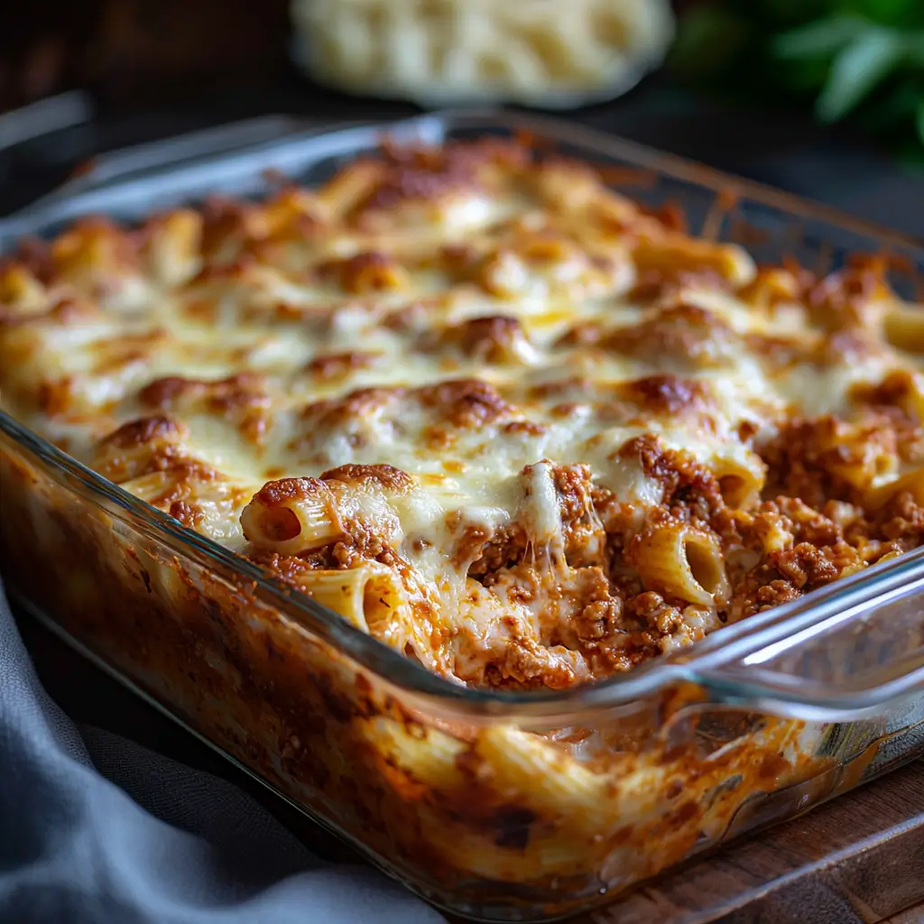 Delicious Million Dollar Baked Ziti topped with melted cheese and herbs.