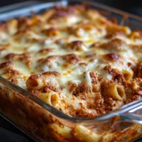 Delicious Million Dollar Baked Ziti topped with melted cheese and herbs.