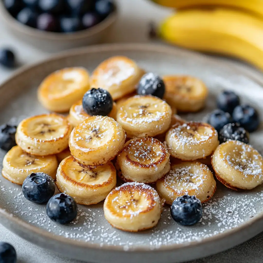Delicious Mini Banana Pancake Bites served with honey butter on a plate.