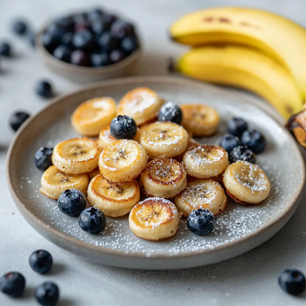 Delicious Mini Banana Pancake Bites served with honey butter on a plate.