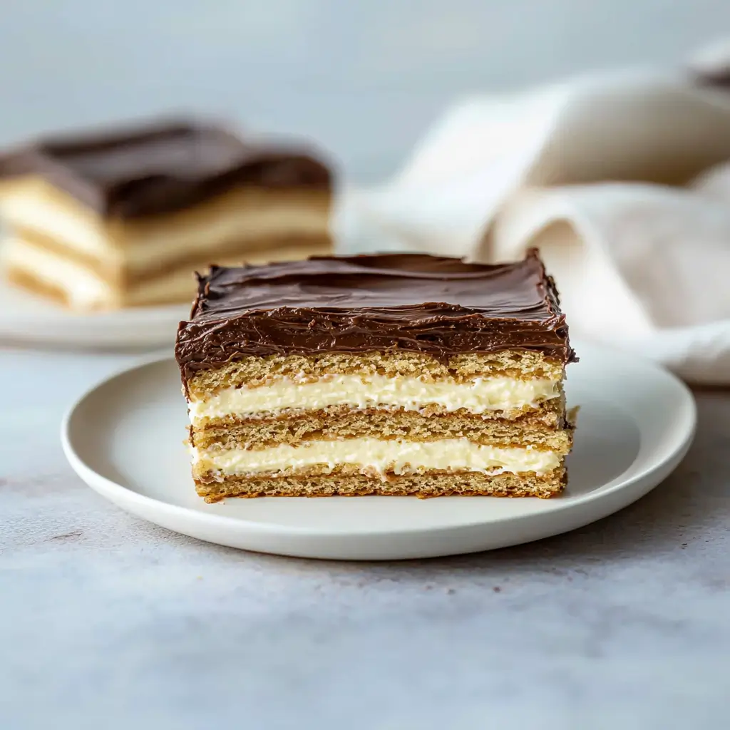 No-bake Chocolate Eclair Cake with layers of graham crackers and chocolate frosting