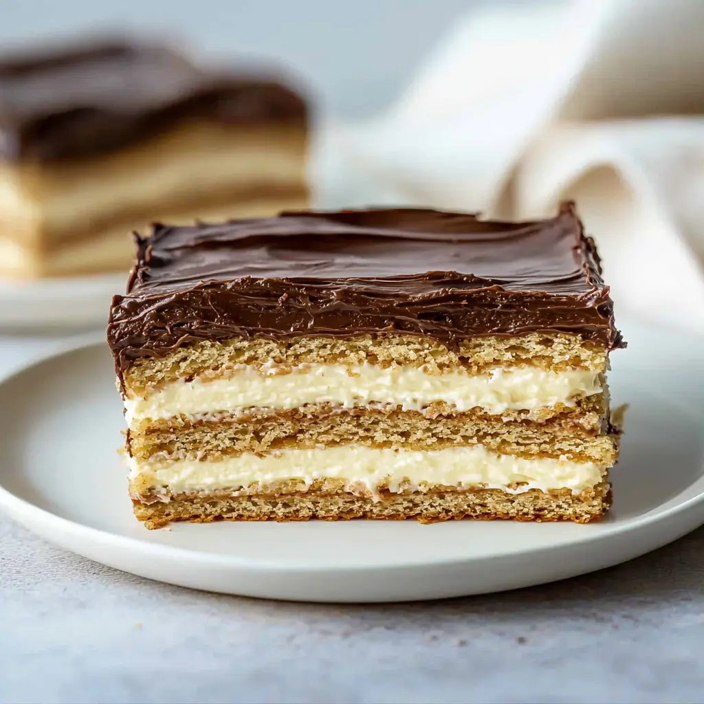 No-bake Chocolate Eclair Cake with layers of graham crackers and chocolate frosting