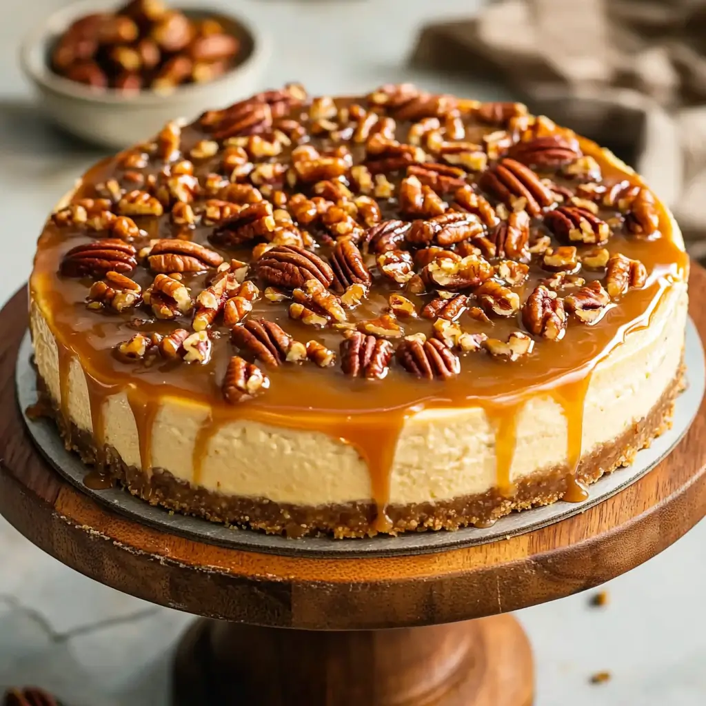 Slice of Pecan Pie Cheesecake topped with pecan filling on a graham cracker crust