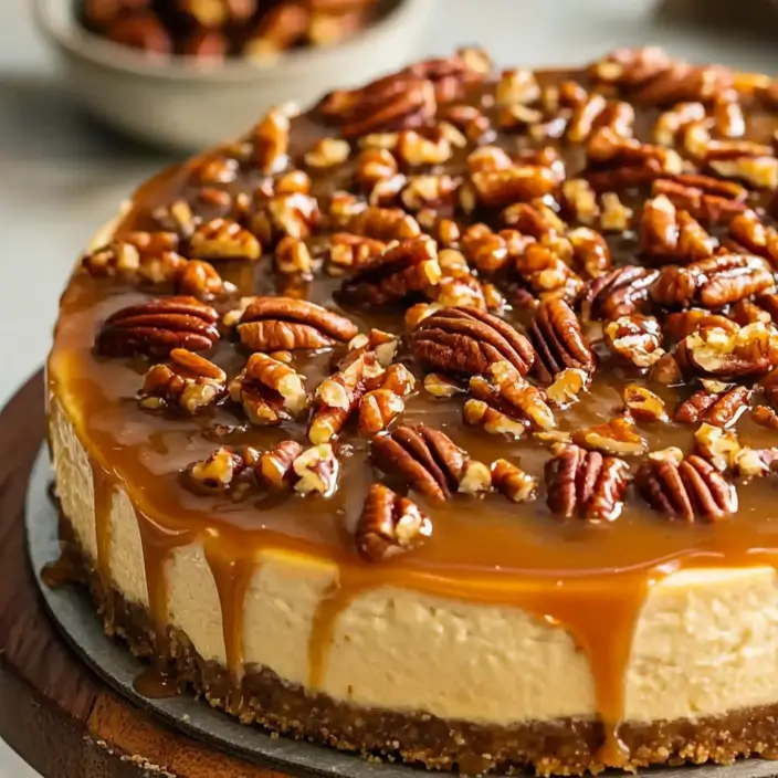 Slice of Pecan Pie Cheesecake topped with pecan filling on a graham cracker crust