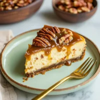 Slice of Pecan Pie Cheesecake topped with pecan filling on a graham cracker crust