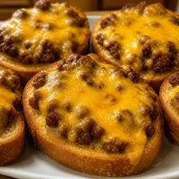 Cheesy Sloppy Joe Garlic Toast topped with melted cheese on crispy garlic bread.
