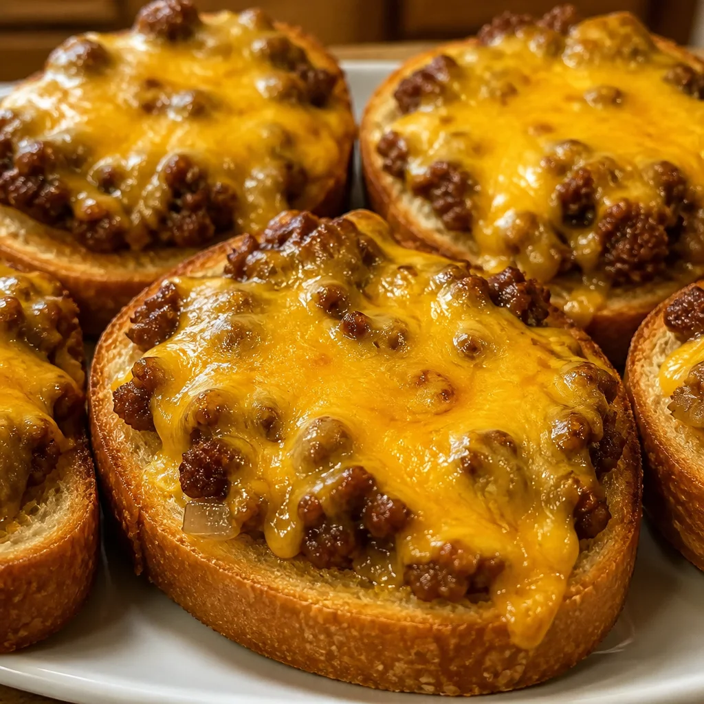 Cheesy Sloppy Joe Garlic Toast topped with melted cheese on crispy garlic bread.