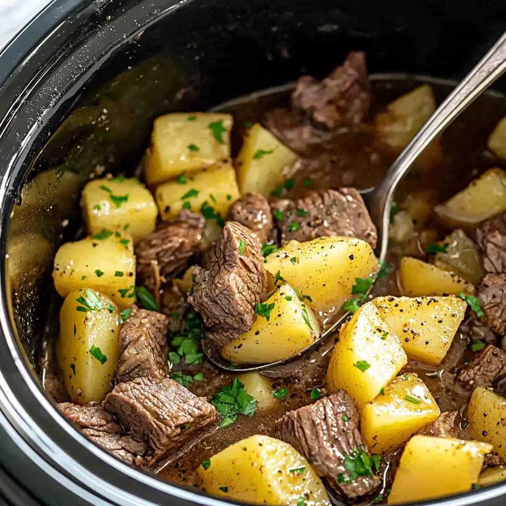 Delicious Slow Cooker Steak and Potatoes served warm with garlic and butter flavor.