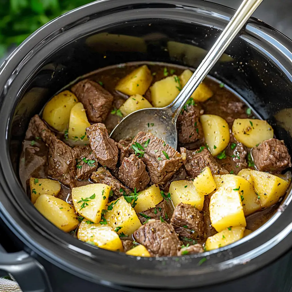 Delicious Slow Cooker Steak and Potatoes served warm with garlic and butter flavor.