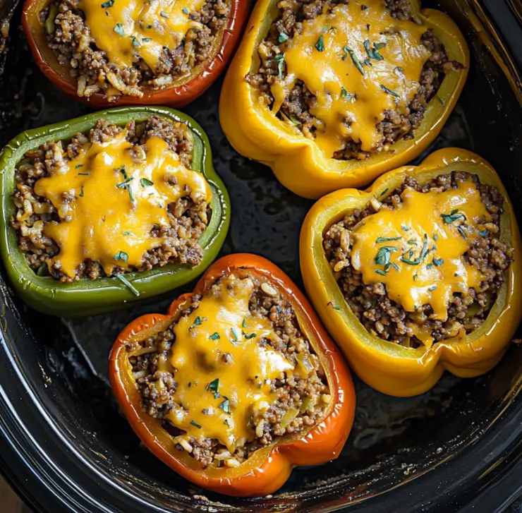 Tender Slow Cooker Stuffed Peppers filled with ground beef, rice, and cheese