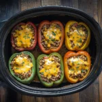 Tender Slow Cooker Stuffed Peppers filled with ground beef, rice, and cheese