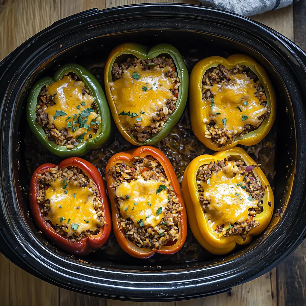 Tender Slow Cooker Stuffed Peppers filled with ground beef, rice, and cheese
