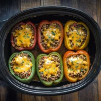 Tender Slow Cooker Stuffed Peppers filled with ground beef, rice, and cheese