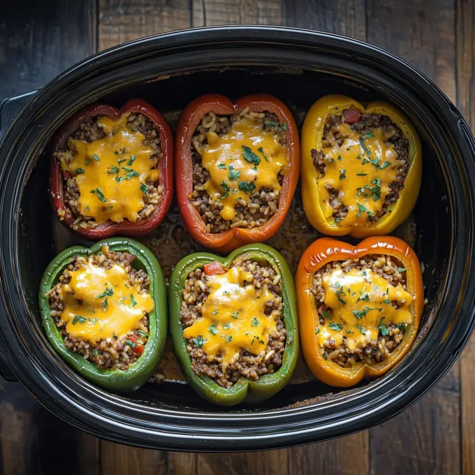 Tender Slow Cooker Stuffed Peppers filled with ground beef, rice, and cheese