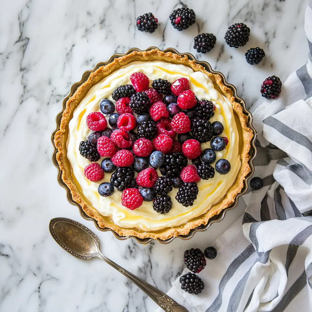 Delicious Summer Berry Tart with a buttery crust and fresh berries on top