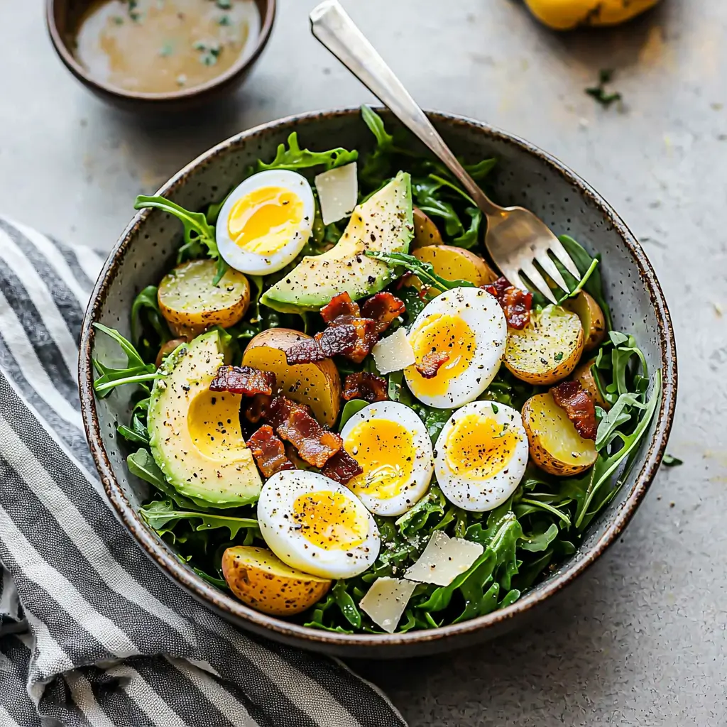A vibrant breakfast salad topped with eggs, avocado, and fresh veggies.